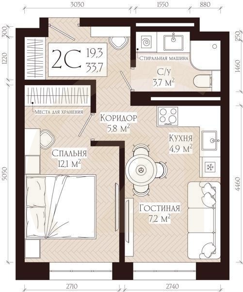 2-комн, 33.7 м², 6-10 этаж