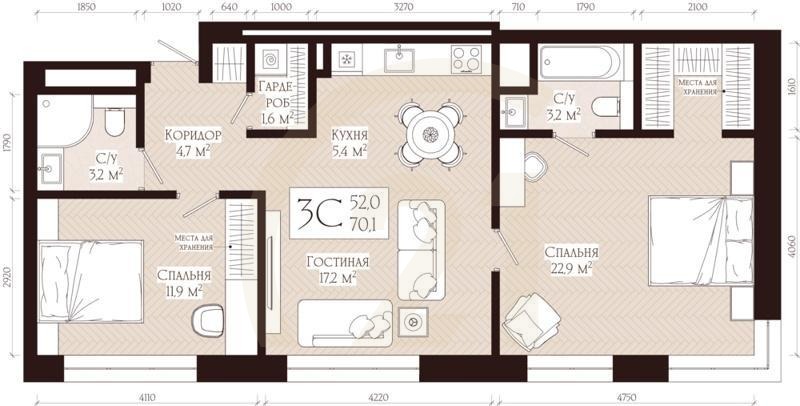 3-комн, 70.1 м², 4-12 этаж