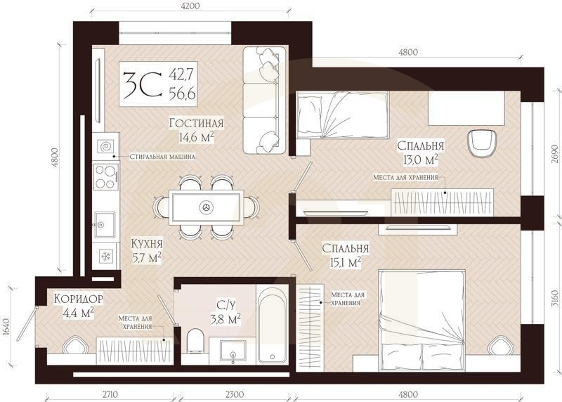 3-комн, 56.6 м², 11-15 этаж