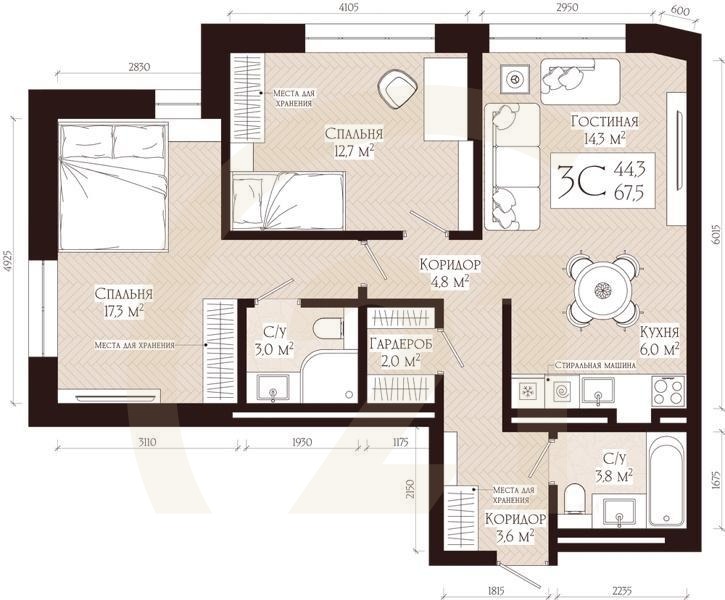 3-комн, 67.5 м², 6-16 этаж