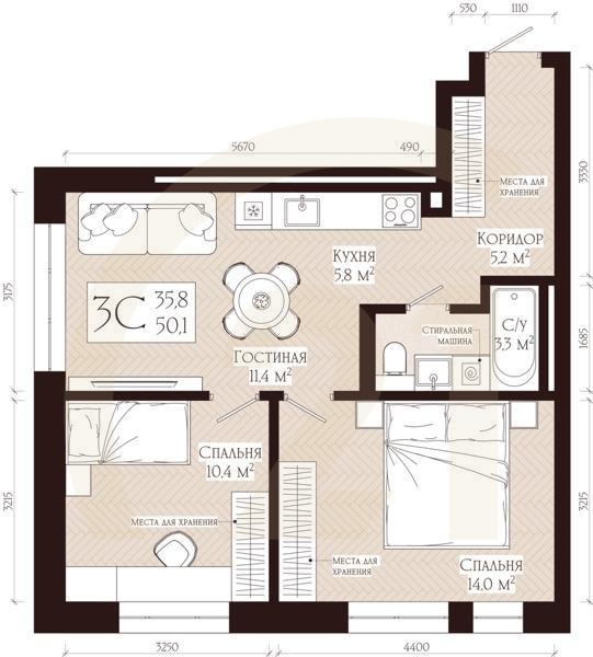 3-комн, 50.1 м², 10 этаж