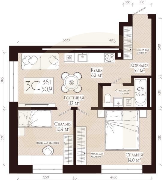 3-комн, 50.9 м², 4-11 этаж