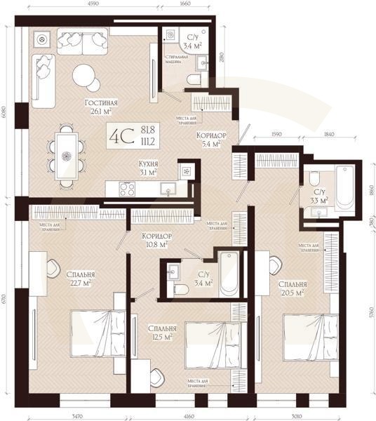 4-комн, 111.2 м², 13-16 этаж