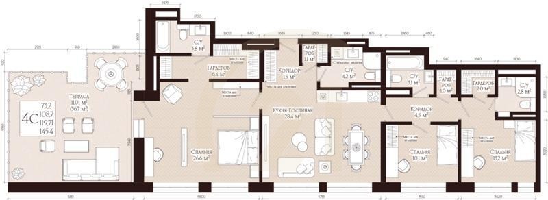 4-комн, 119.71 м², 17 этаж