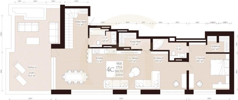 4-комн, 184.7 м², 18 этаж