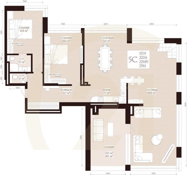 5-комн, 229.85 м², 18 этаж