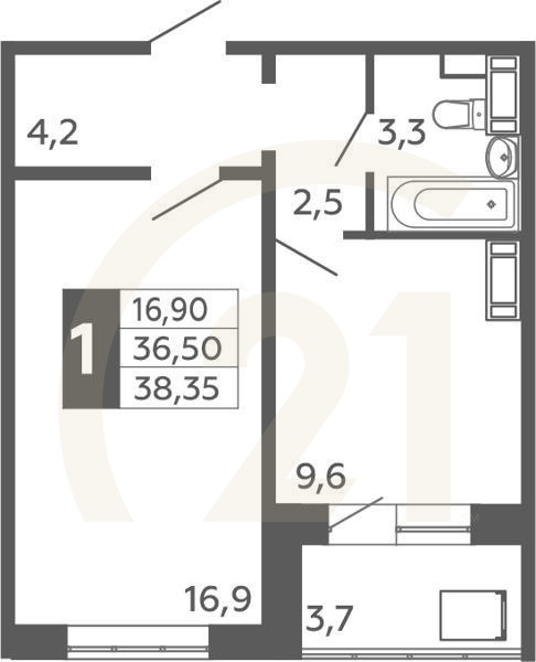 1-комн, 38.35 м², 2-16 этаж