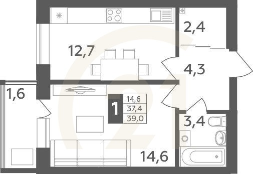 1-комн, 39 м², 3-20 этаж