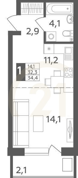 1-комн, 34.4 м², 2-20 этаж