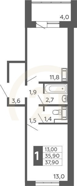 1-комн, 37.9 м², 1 этаж
