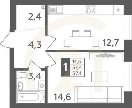1-комн, 37.4 м², 2 этаж