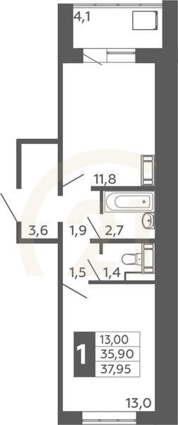 1-комн, 37.95 м², 2-16 этаж