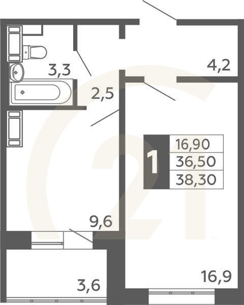 1-комн, 38.3 м², 1 этаж