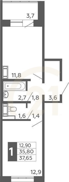 1-комн, 37.55 м², 1-2 этаж