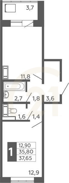 1-комн, 37.65 м², 3-16 этаж
