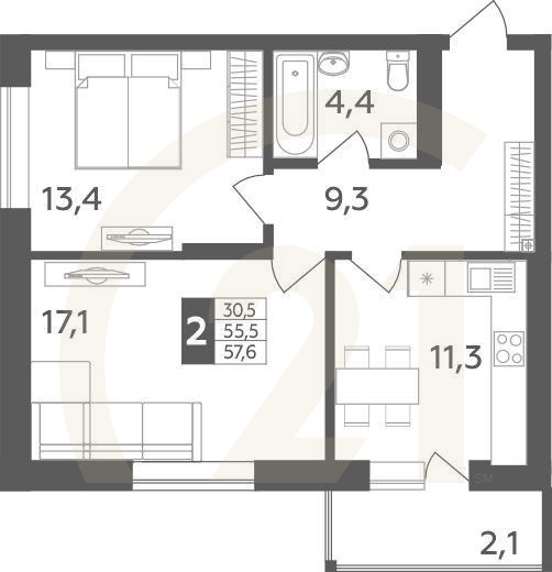 2-комн, 57.6 м², 2-19 этаж