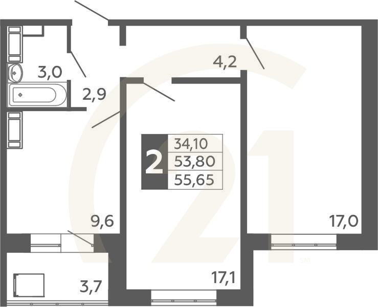 2-комн, 55.65 м², 2-16 этаж