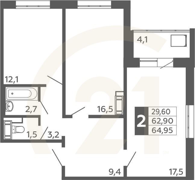 2-комн, 64.95 м², 2-16 этаж