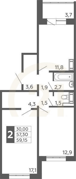 2-комн, 59.05 м², 1 этаж