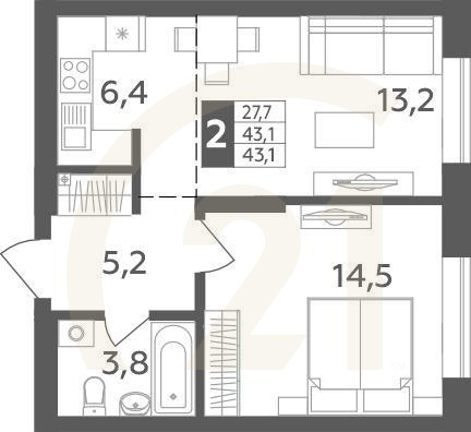 2-комн, 43.1 м², 2 этаж
