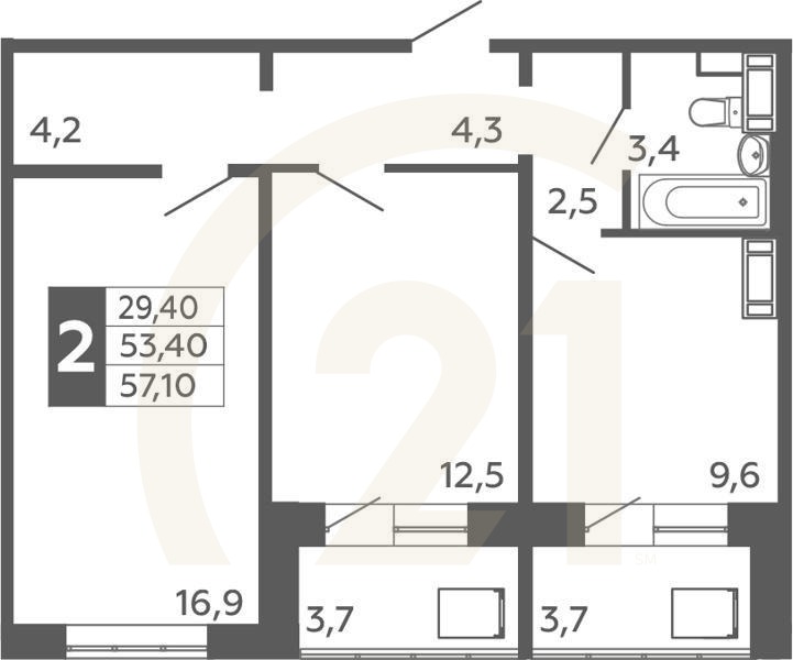 2-комн, 57.1 м², 2-16 этаж