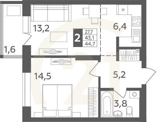 2-комн, 44.7 м², 2-18 этаж