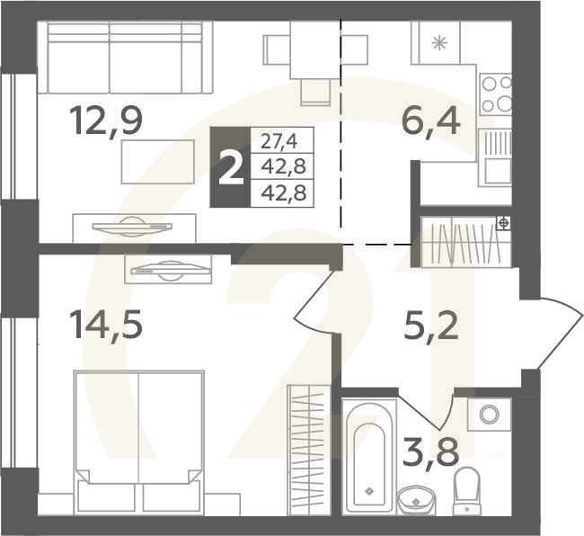 2-комн, 42.8 м², 1 этаж