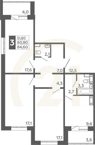 3-комн, 84.5 м², 1 этаж