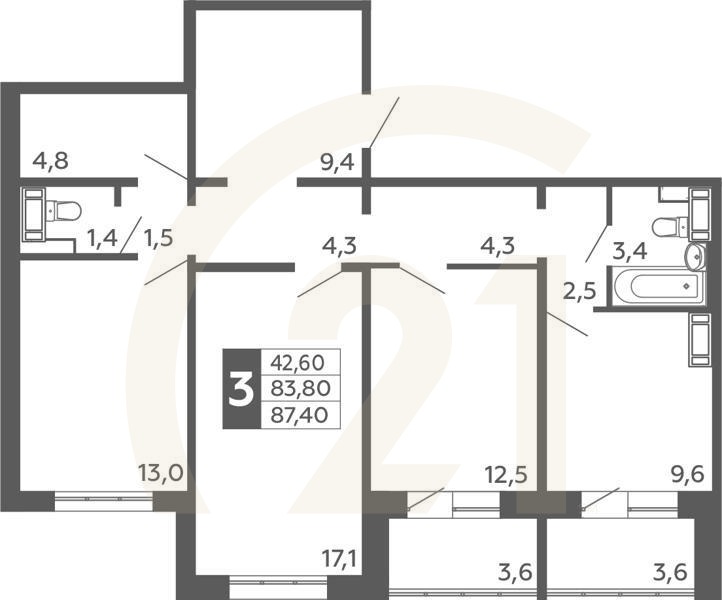 3-комн, 87.4 м², 1 этаж