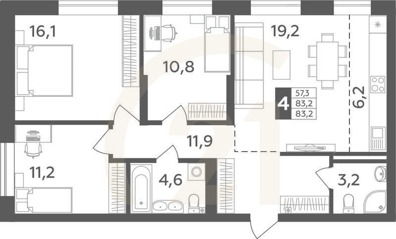 4-комн, 83.2 м², 1 этаж