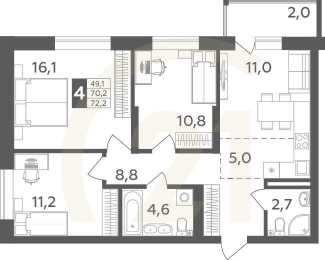 4-комн, 72.2 м², 19 этаж