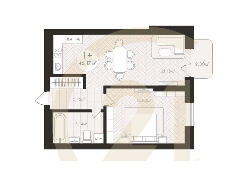 1-комн, 46.17 м², 2-8 этаж