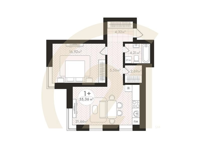 1-комн, 55.36 м², 12-13 этаж