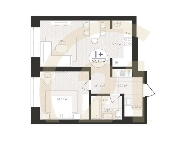 1-комн, 52.13 м², 4-9 этаж