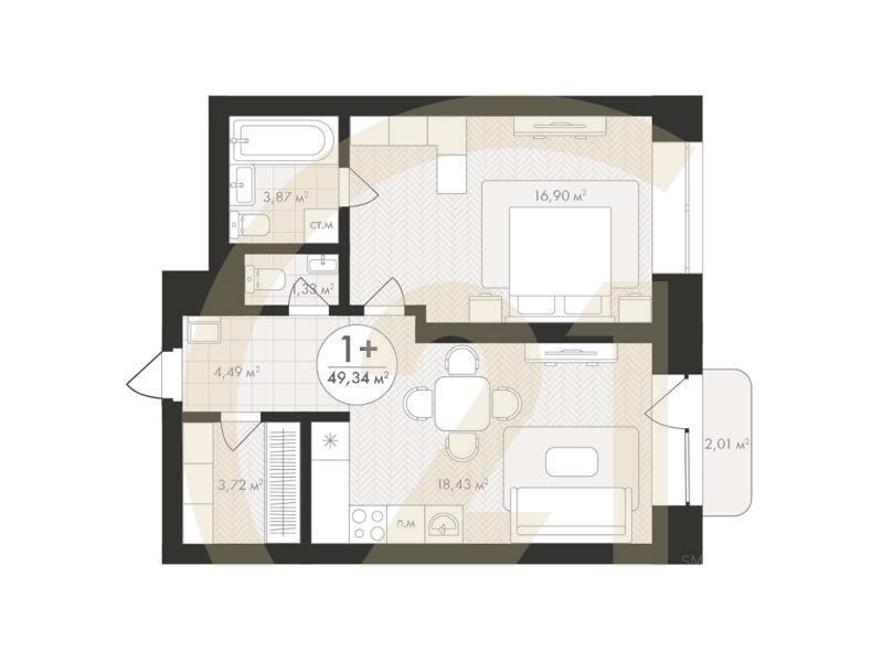 1-комн, 49.34 м², 5 этаж