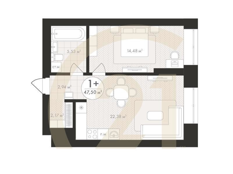 1-комн, 47.5 м², 11-18 этаж