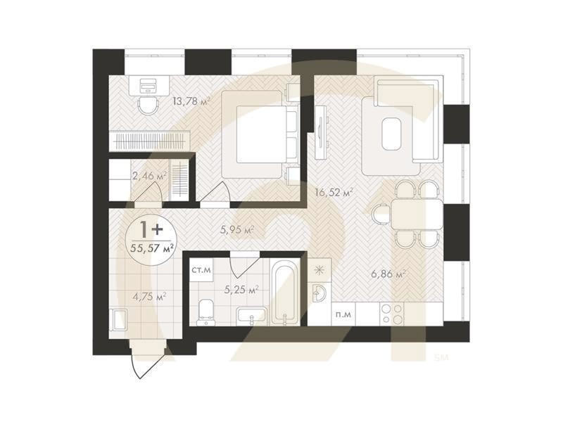 1-комн, 55.57 м², 4-9 этаж
