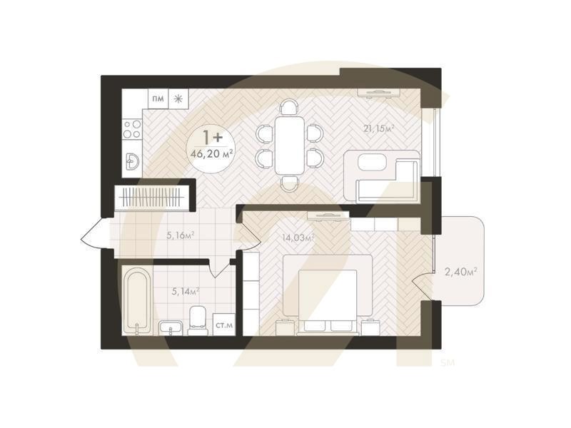 1-комн, 46.2 м², 3-7 этаж