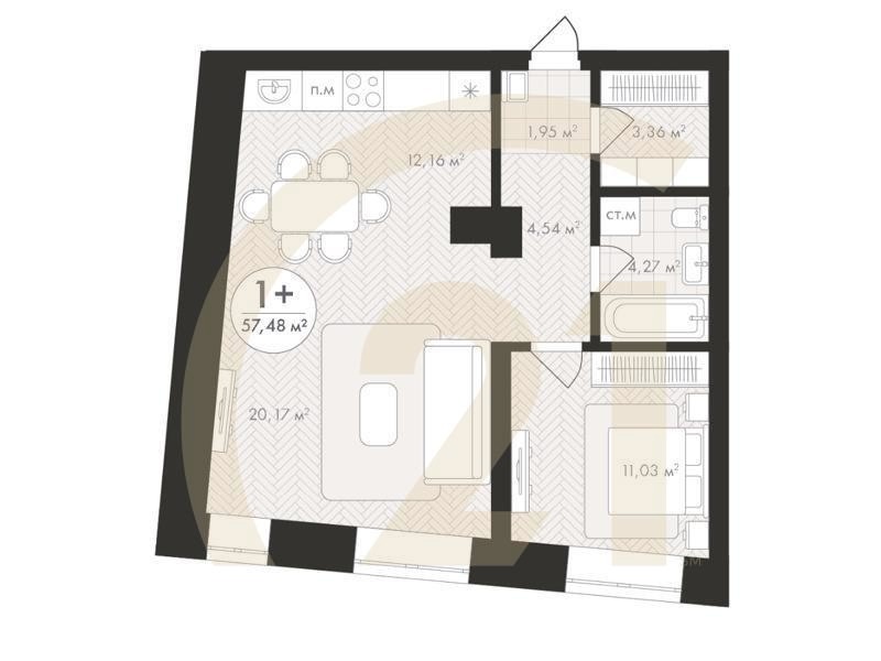 1-комн, 57.48 м², 3-4 этаж