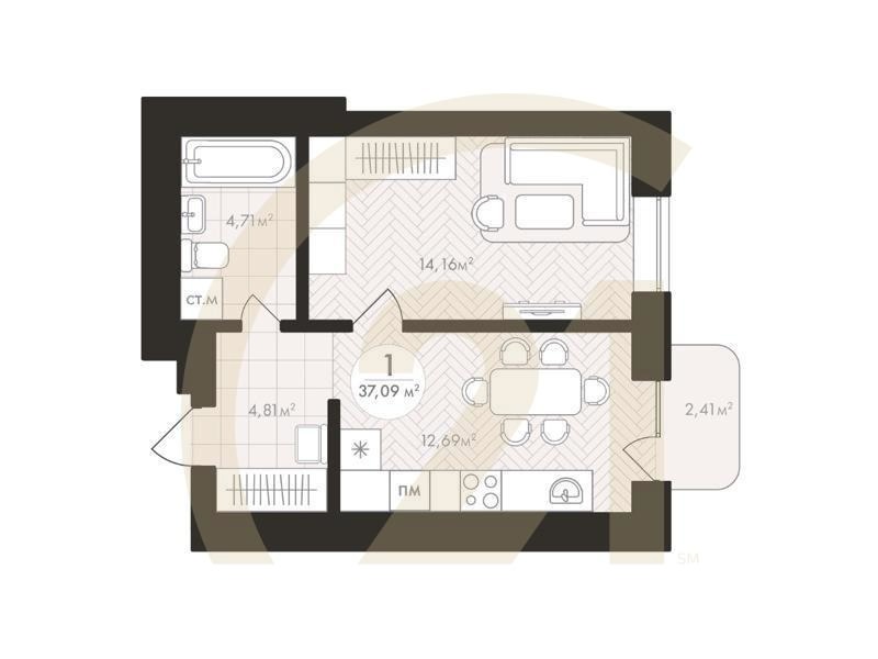 1-комн, 37.09 м², 5-7 этаж