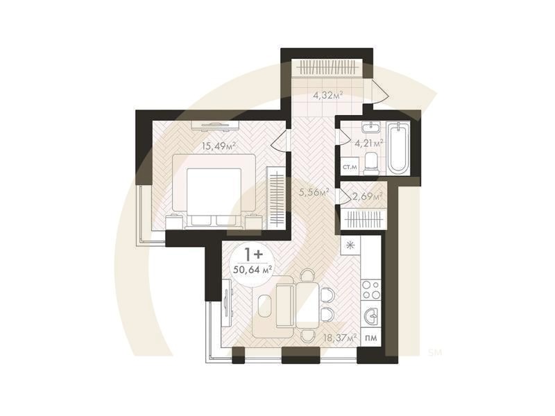 1-комн, 50.64 м², 10 этаж
