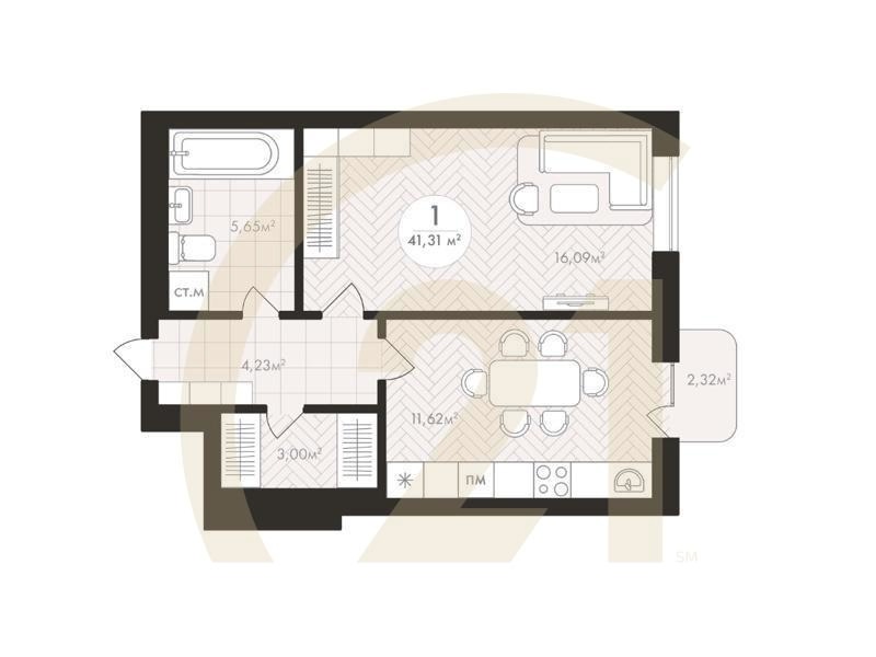 1-комн, 41.31 м², 3-7 этаж