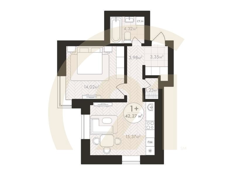 1-комн, 42.27 м², 2-3 этаж