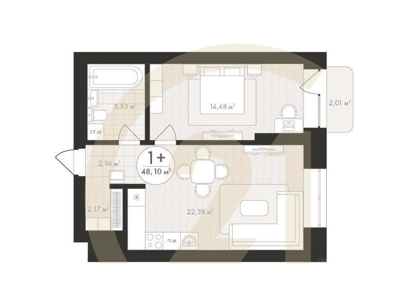 1-комн, 48.1 м², 4-10 этаж