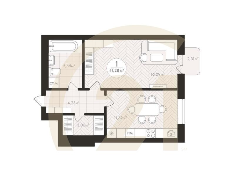 1-комн, 41.28 м², 4-8 этаж