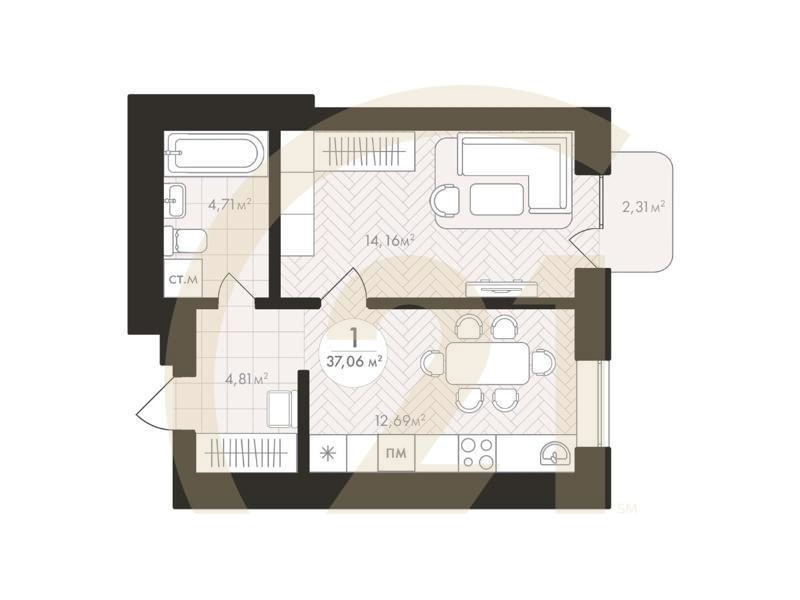 1-комн, 37.06 м², 6-8 этаж