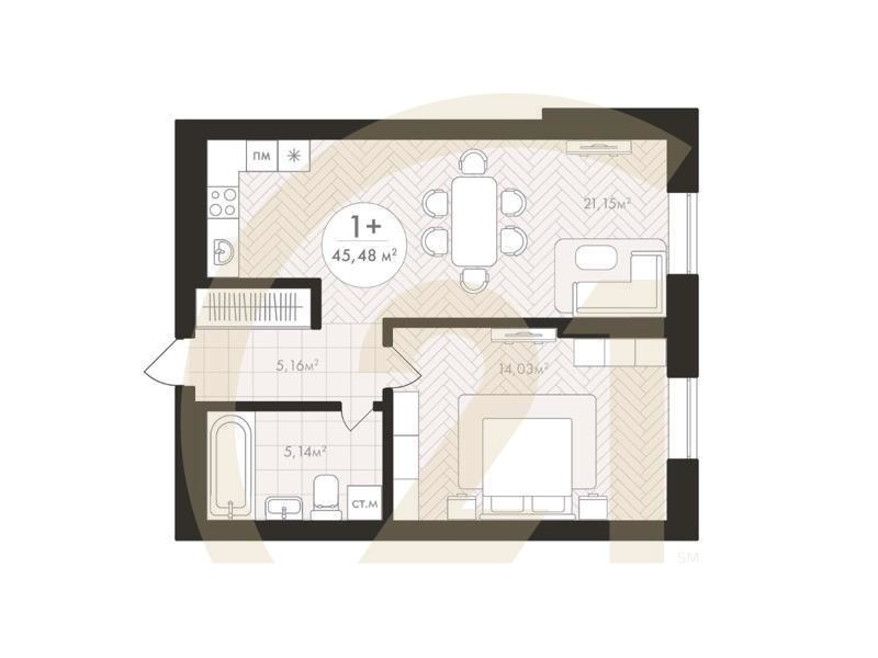 1-комн, 45.48 м², 9-14 этаж