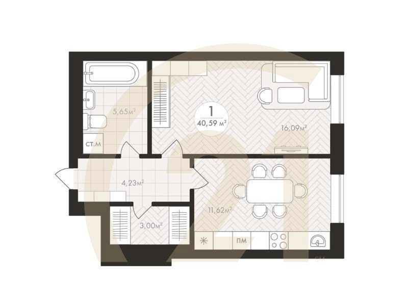 1-комн, 40.59 м², 9-22 этаж