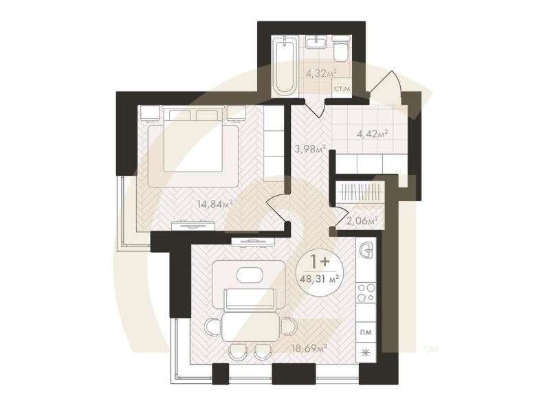 1-комн, 48.31 м², 9 этаж
