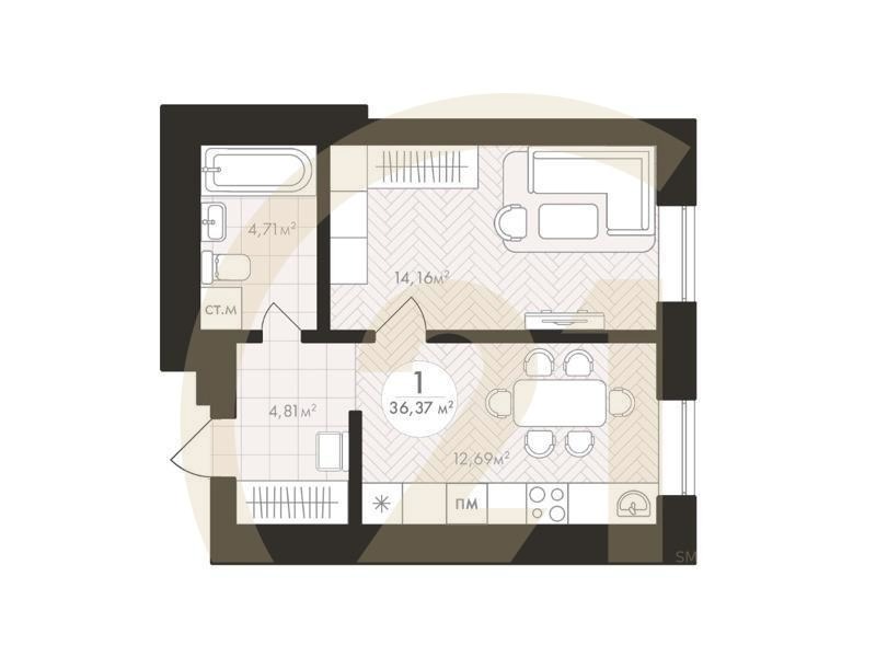 1-комн, 36.37 м², 10-22 этаж